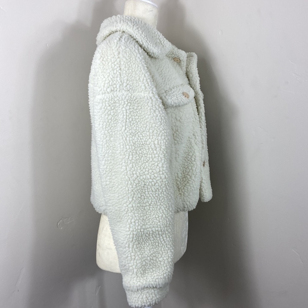 Shein Cream Double Flap Drop Shoulder Cropped Button Up Teddy Jacket XS - Picture 5 of 9